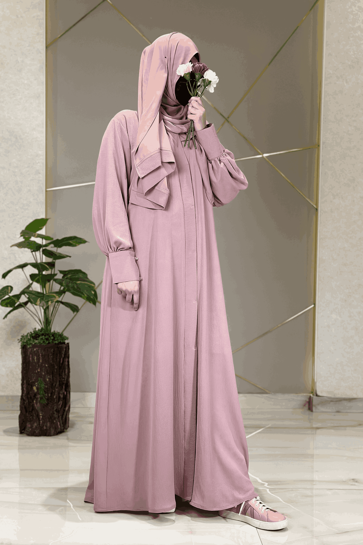 Blush Pink Abaya with Elegant Cuffed Sleeves
