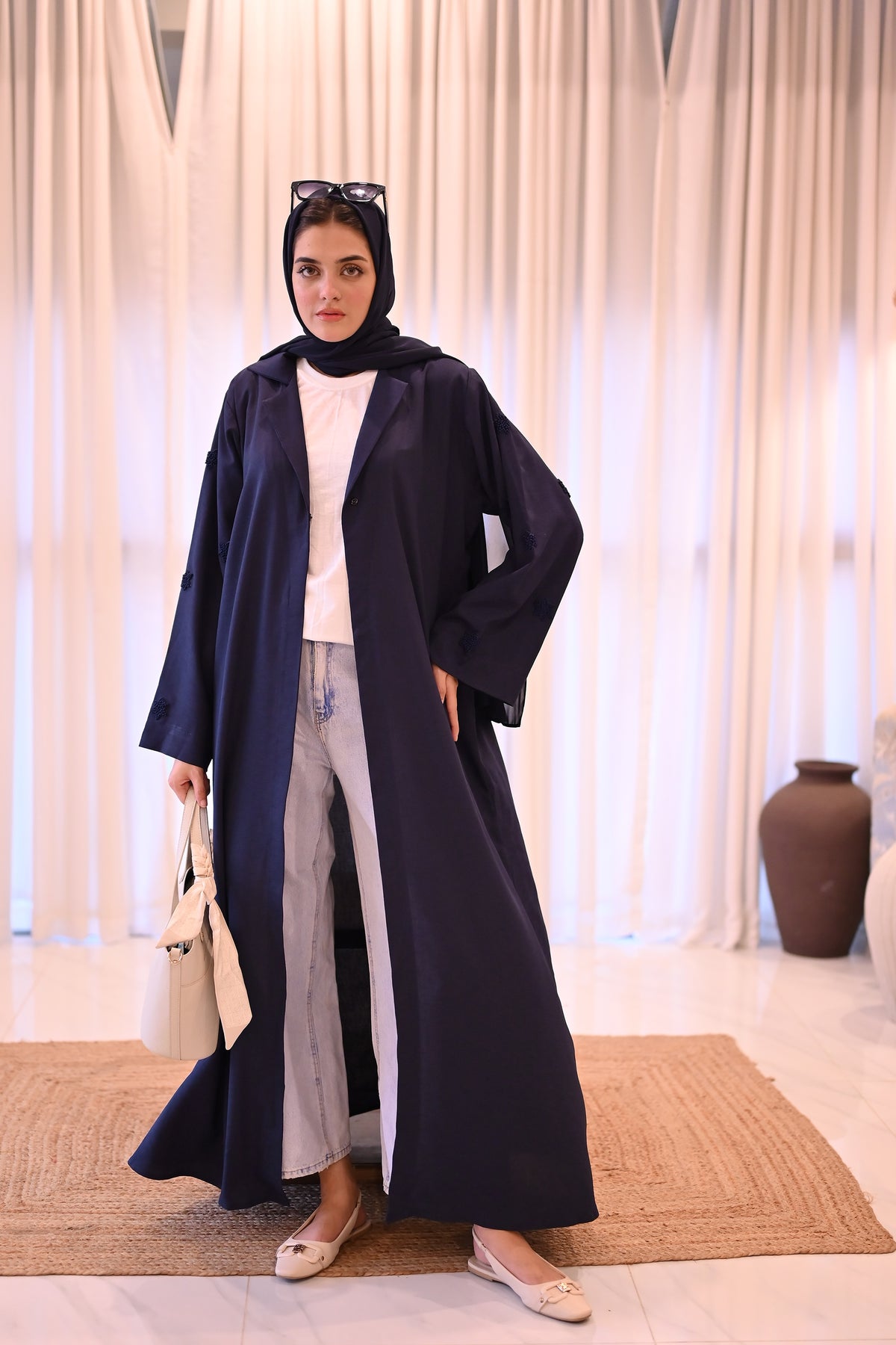Navy Blue Abaya Coat with Collar