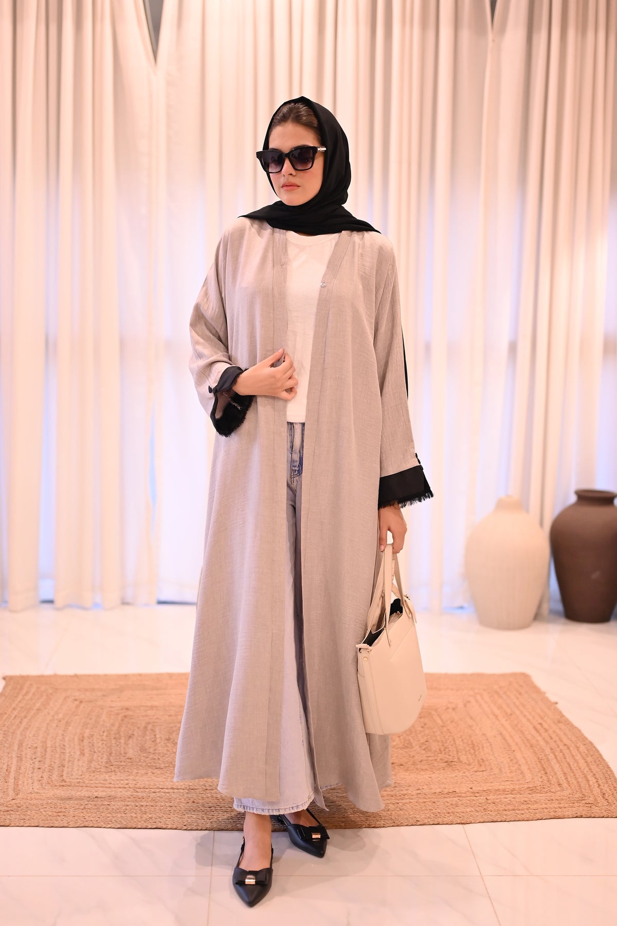 Light Gray Textured Abaya with Frayed Black Cuffs